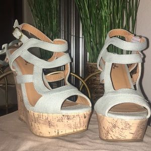 Qupid icy blue denim wedges